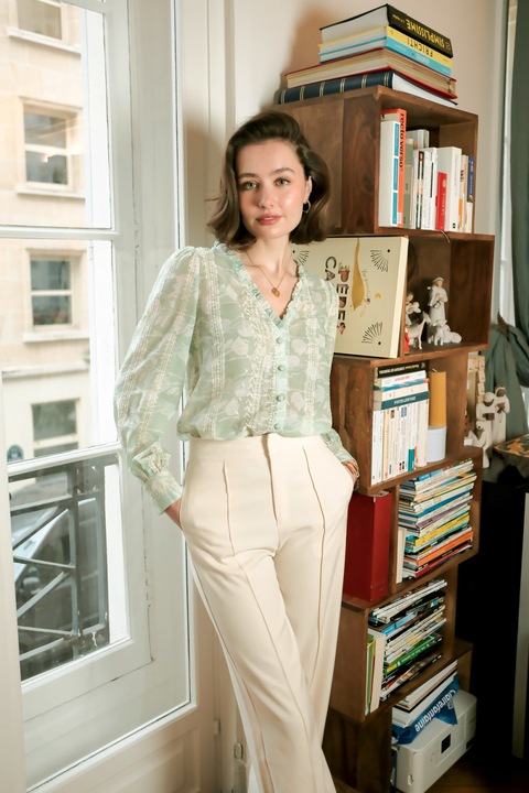 Зелена риза с бял флорален принт и бродирани детайли, B-4819T M9 9399, Светлозелен