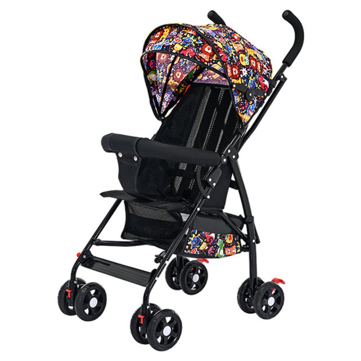 Carucior ultra-compact pentru bebelusi, pliabil cu o singura mana, baldachin cu protectie solara UPF 50+, spatiu de depozitare generos, roti pivotante si manevrare usoara, ideal pentru calatorii si plimbari in oras