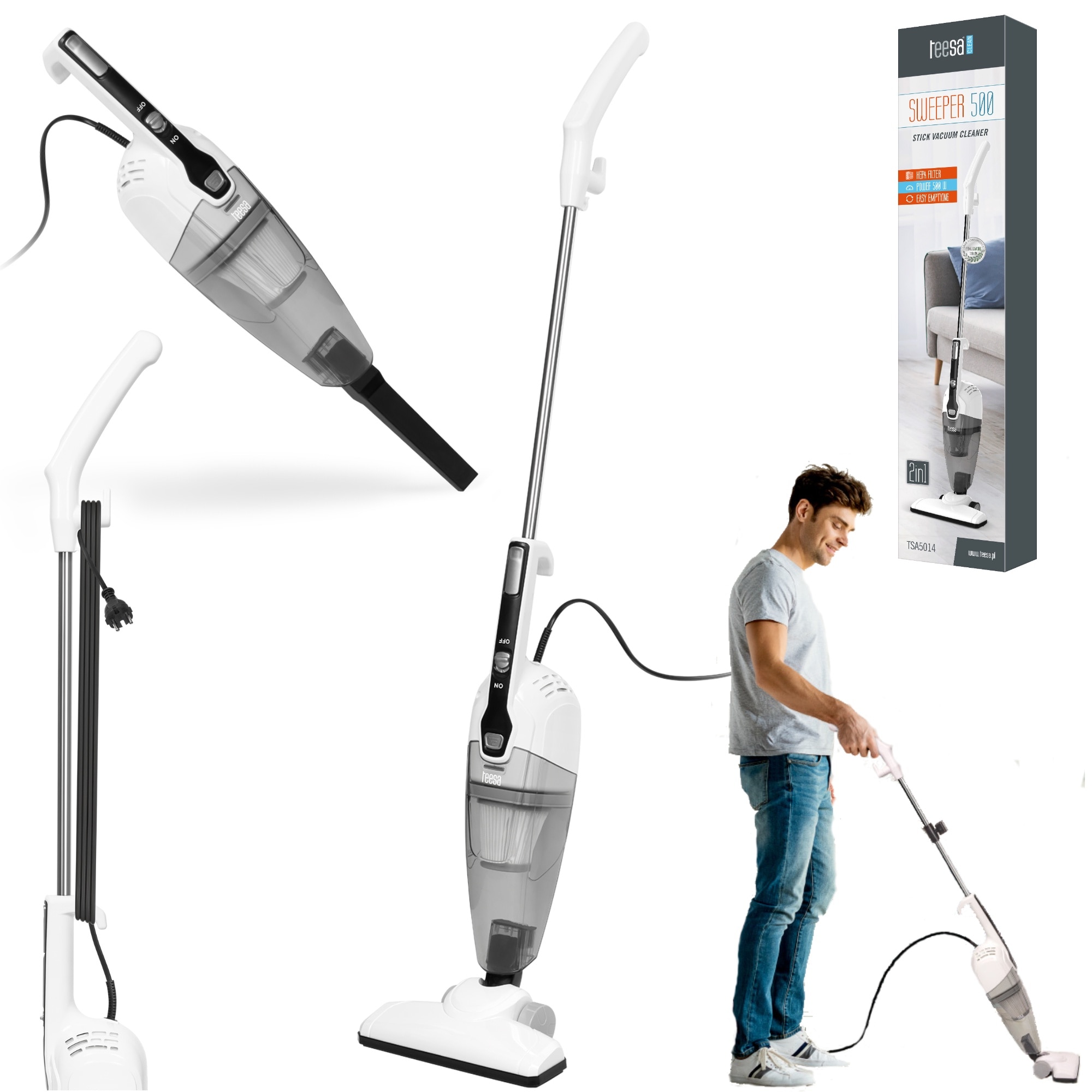 Aspirator vertical 2in1, Teesa, 500W, 0,7l, 5m, 132x244x1118mm