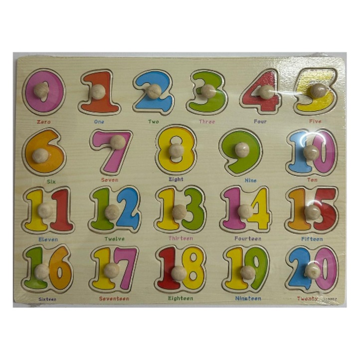 Puzzle incastru, GHEMOTOC®, placa din lemn, cifre colorate 0-20, cu maner ajutator