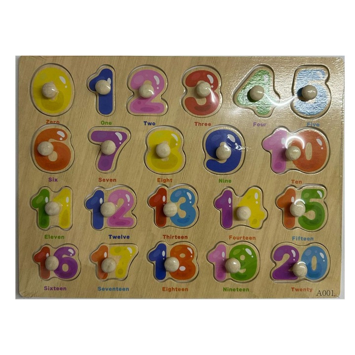 Puzzle incastru, GHEMOTOC®, placa din lemn, cifre colorate 0-20, cu maner ajutator