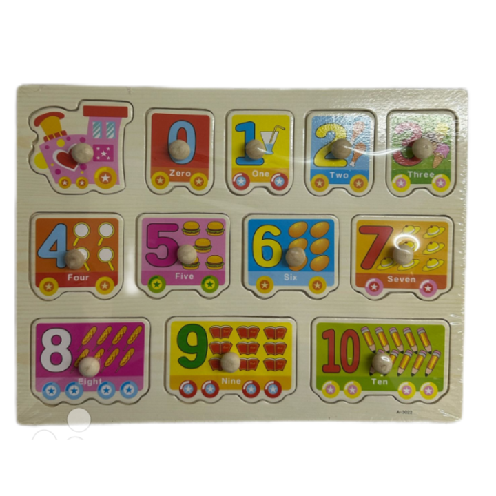 Puzzle incastru, GHEMOTOC®, placa din lemn, trenuletul cifrelor, cu maner ajutator