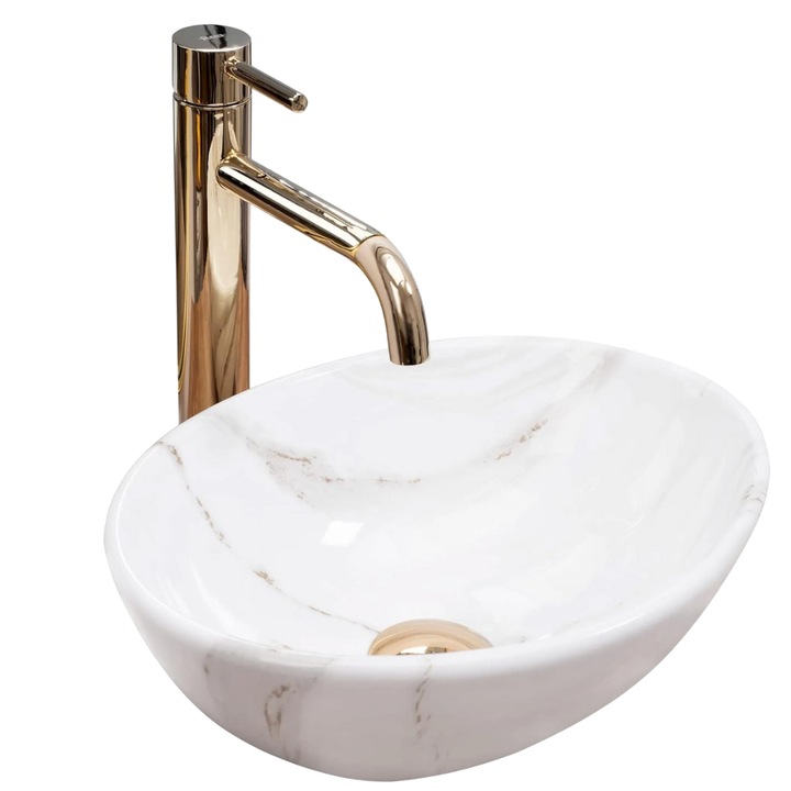 Lavoar de Blat Sofia cu Finisaj Lucios Marmura Gloss, Ceramica Sanitara de Calitate Superioara, Design Aerodinamic si Model Unic, Dimensiuni 36 x 29.5 x 10.5 cm, cod 048