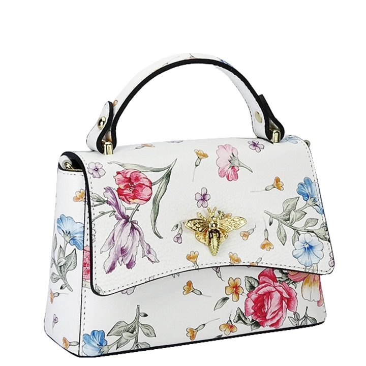 Kisméretű valódi bőr táska B-1523 120, Fehér virágmintás, Fehér