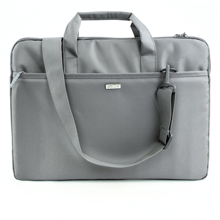 Geanta laptop 15,6" textila gri Solier SM01 Venga, pentru femei, format A4, buzunar exterior, curea de umar, prindere pe troler, usoara si eleganta