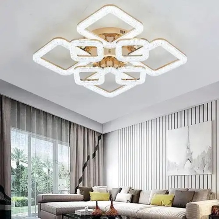 Lustra LED aplicata cu telecomanda, aurie, patrata, 192W, 3 functii de lumina, calda/naturala/rece, intensitate reglabila, dimensiune 80x80x15cm, IP21, montaj tavan, LDC