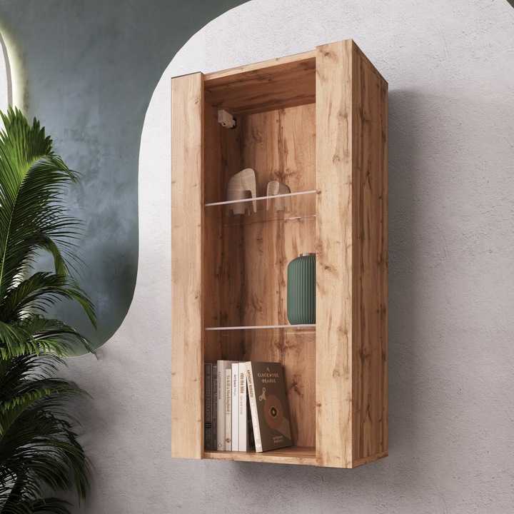 Biblioteca Tivoli, 3 compartimente, 2 rafturi din sticla, PAL melaminat, 50 x 100 x 29 cm, Wotan/Wotan