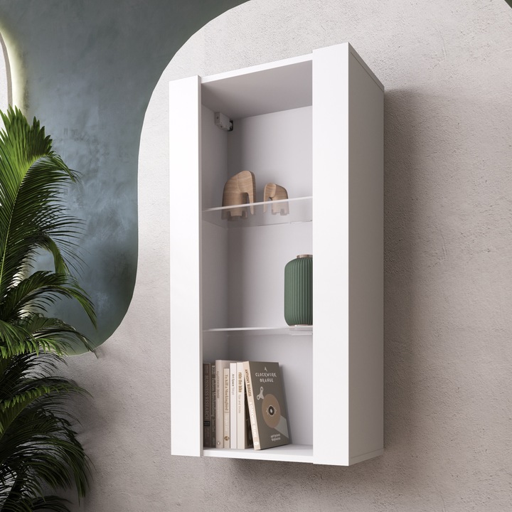 Biblioteca Tivoli, 3 compartimente, 2 rafturi din sticla, PAL melaminat, 50 x 100 x 29 cm, Alb/Alb