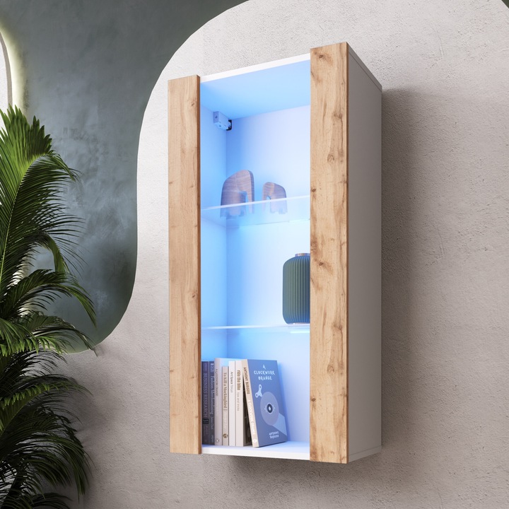 Biblioteca Tivoli, 3 compartimente, 2 rafturi din sticla, Iluminare LED Albastru, PAL melaminat, 50 x 100 x 29 cm, Alb/Wotan