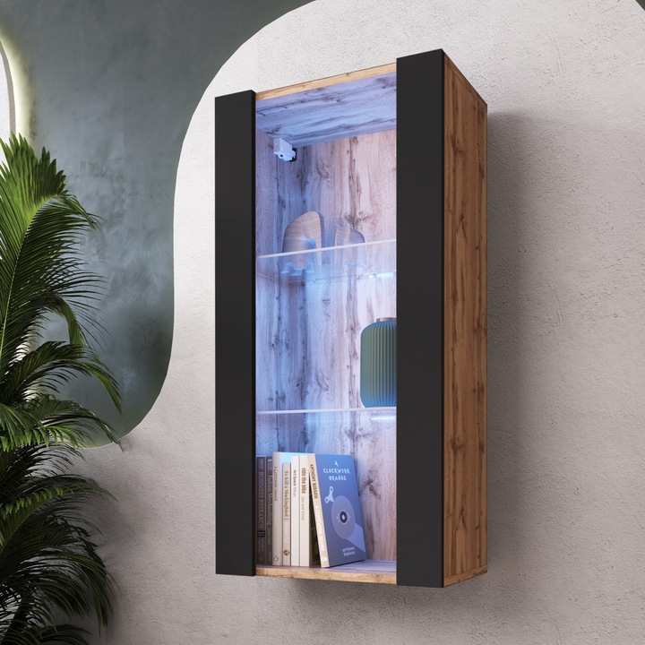 Biblioteca Tivoli, 3 compartimente, 2 rafturi din sticla, Iluminare LED Albastru, PAL melaminat, 50 x 100 x 29 cm, Wotan/Negru