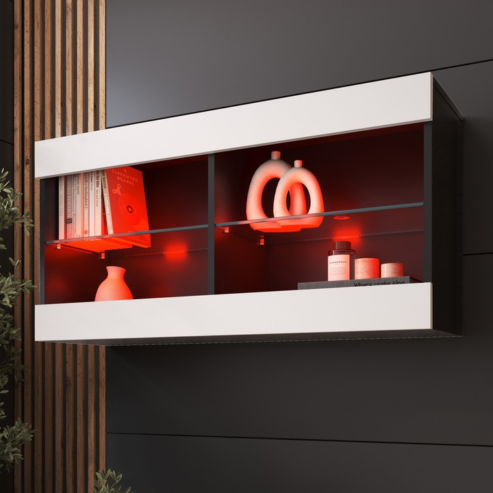 Biblioteca suspendat Tivoli, 2 compartimente, 2 rafturi din sticla, Iluminare LED RGB, PAL melaminat, 50 x 100 x 29 cm, Negru/Alb