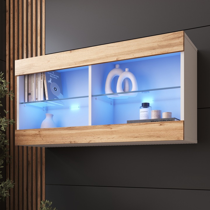 Biblioteca suspendat Tivoli, 2 compartimente, 2 rafturi din sticla, Iluminare LED Albastru, PAL melaminat, 50 x 100 x 29 cm, Alb/Wotan