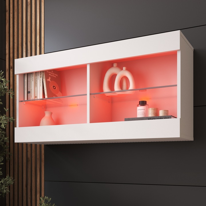 Biblioteca suspendat Tivoli, 2 compartimente, 2 rafturi din sticla, Iluminare LED RGB, PAL melaminat, 50 x 100 x 29 cm, Alb/Alb