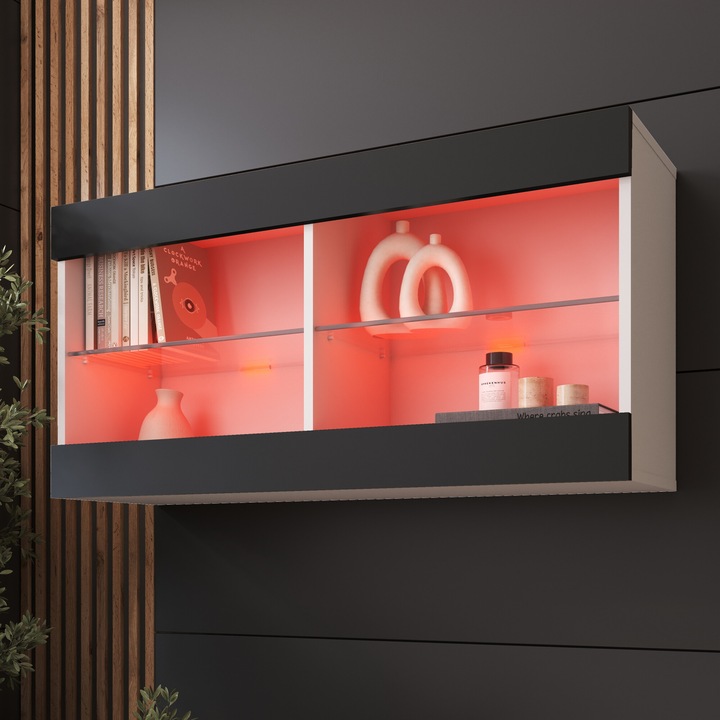 Biblioteca suspendat Tivoli, 2 compartimente, 2 rafturi din sticla, Iluminare LED RGB, PAL melaminat, 50 x 100 x 29 cm, Alb/Negru