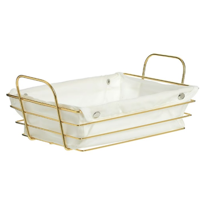 Правоъгълна метална кошница, тип кухненска тава за сервиране на хляб, със свалящ се текстилен капак, 26 х 19 см, златиста