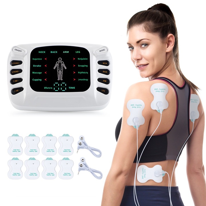 Aparat de masaj pentru electrostimulare/fizioterapie, cu 8 moduri si 15 viteze, nivel de intensitate, ecran color cu iesire dubla, afisaj digital, 16 tampoane, doua canale de masaj independente, functie de stimulare musculara, cronometru