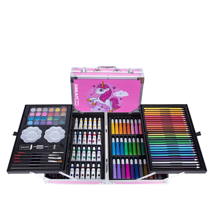 Set Creativ GREATON De Pictura/Desen, Cu 145 Piese, Pentru Copii, Tip Valiza, Model Unicorn, Roz
