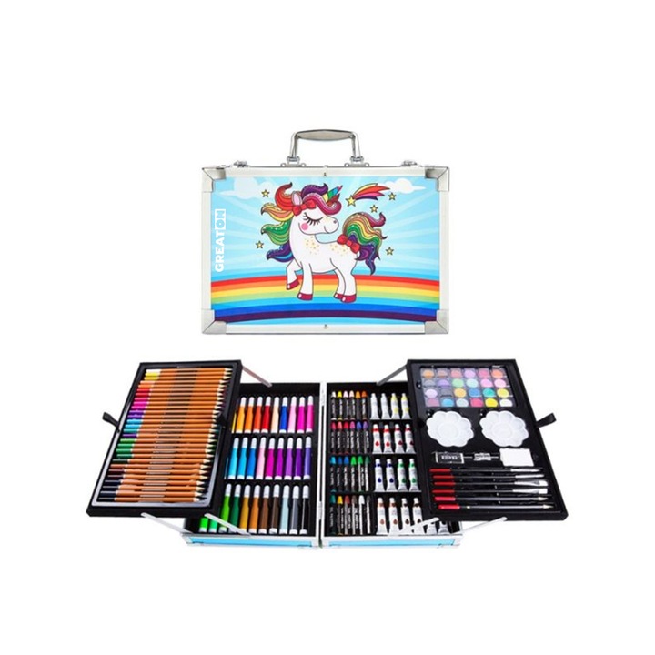 Set Creativ GREATON De Pictura/Desen, Cu 145 Piese, Pentru Copii, Tip Valiza, Model Unicorn, Albastru