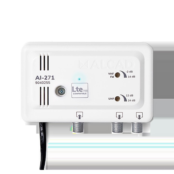 Amplificator antena 2 iesiri, ALCAD, 40-318 MHz, 470-696 MHz, 230 V, IP30