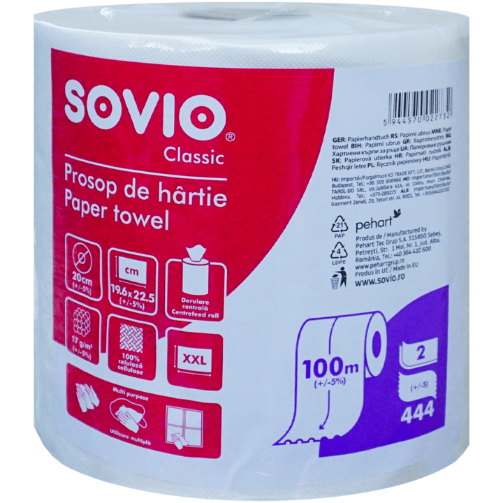 Konyhai papírtörlő Sovio 2 rétegű, fehér, 444 lap, 100m hosszúság