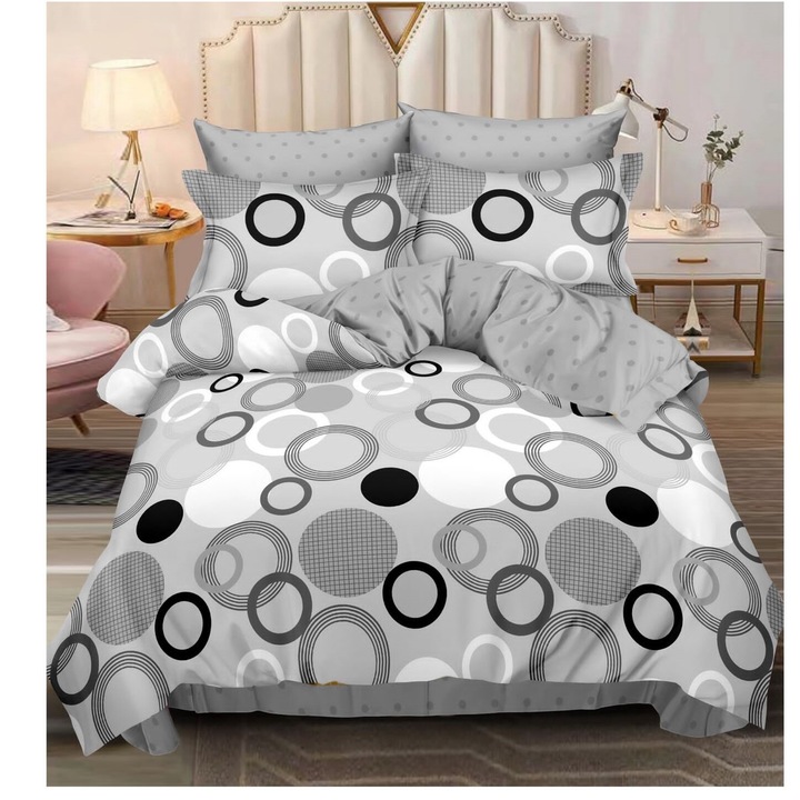 Lenjerie de pat 6 piese cu doua fete – CELhome – Cearceaf pilota 200 x 230 cm, Cearceaf de pat cu elastic 180 x 200 cm, 2 Fete de perna 70 x 70 cm, 2 Fete de perna 55 x 75 cm, Model Cercuri, Gri