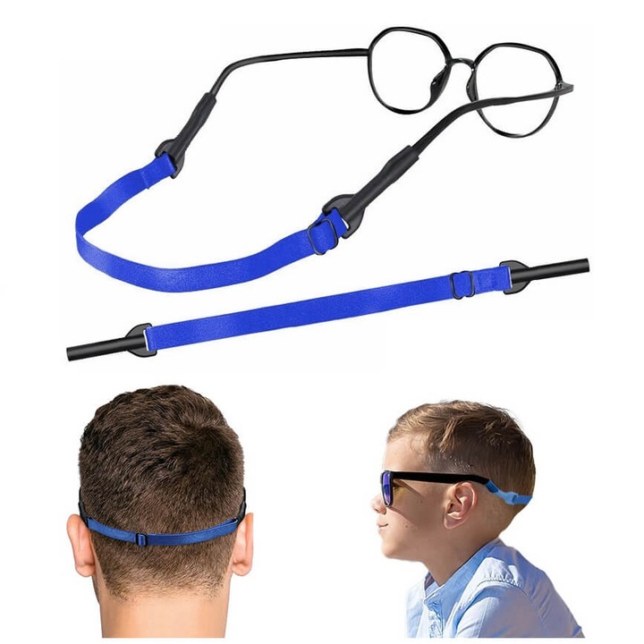 Snur Ochelari Sportiv Antiderapant, Banda Elastica Reglabila Universal, Prindere Sigura din Silicon, Poliester Durabil, Ideal pentru Activitati si Sport, Uscare Rapida, Confort Maxim, Culoare Albastru, Compatibil Vedere si Soare, Dimensiuni