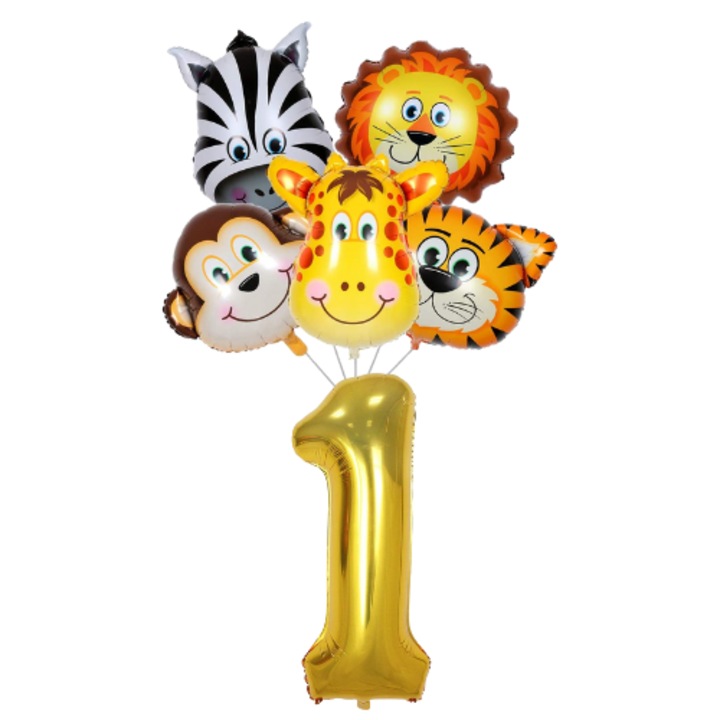 Set 6 baloane aniversare 1 an, tematica Animale Jungla Safari, folie, figurina Zebra/Leu/Tigru/Girafa/Maimuta si cifra 1 aurie 100cm