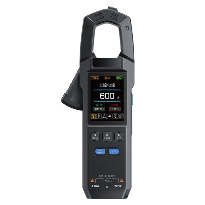 Clampmetru Multimetru Digital, DMC-100, NCV, AC/DC 600 A, DC 1000 V, AC 750 V, Afisaj TFT Color 2.0 Inch, Dimensiuni 193×74×32 mm, 194 grame, USB-C, Acumulator Li-Ion 1500 mAh, Gri