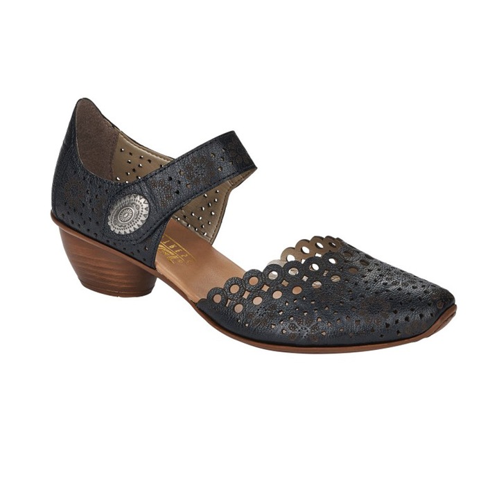 Rieker Pantofi cu velcro din piele neagră cu vârf deschis Rieker 43753-00