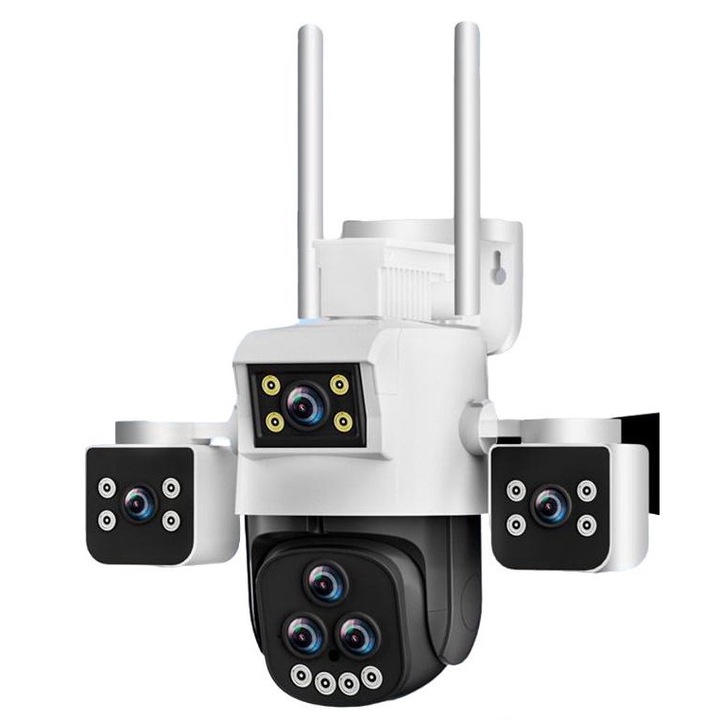 WiFi 6K Ultra HD Камера за наблюдение, 5 обектива, 20X увеличение, PTZ 360°, нощно виждане, детекция на движение, двупосочно аудио, съхранение в облак и на карта, водоустойчива