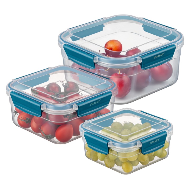 Set 3 Recipiente ermetice patrate CRALEX Bona – 700ml, 1.3L, 2.15L, Fara BPA, Etanse, Compatibile cu Frigider, Congelator si Cuptor cu Microunde