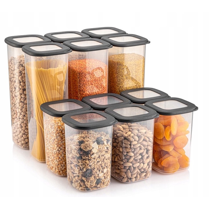 Set de 12 Recipiente Alimentare CRALEX Tosca, 6x2L + 6x1.2L, Stivuibile, Fara BPA, Antracit