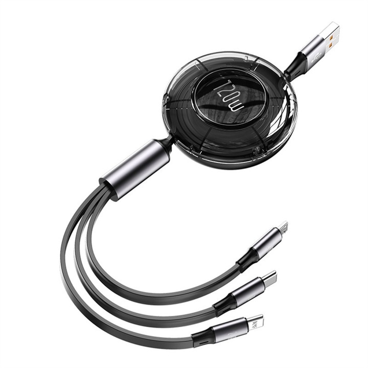 Cablu de incarcare retractabil 3-in-1, 120W, Micro USB/Lightning/Type-C, Negru