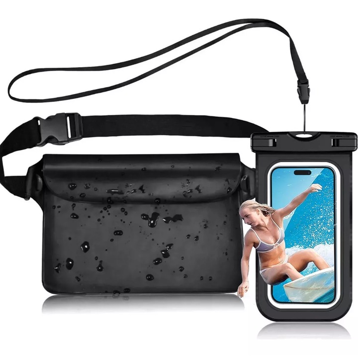 Set de 2 huse subacvatice, Husa rezistenta la apa pentru telefon de 7 inchi cu geanta impermeabila pentru talie, Submersibila pentru inot pe plaja, Plimbari cu barca, Pescuit, husa de protectie pentru telefon mobil, Negru