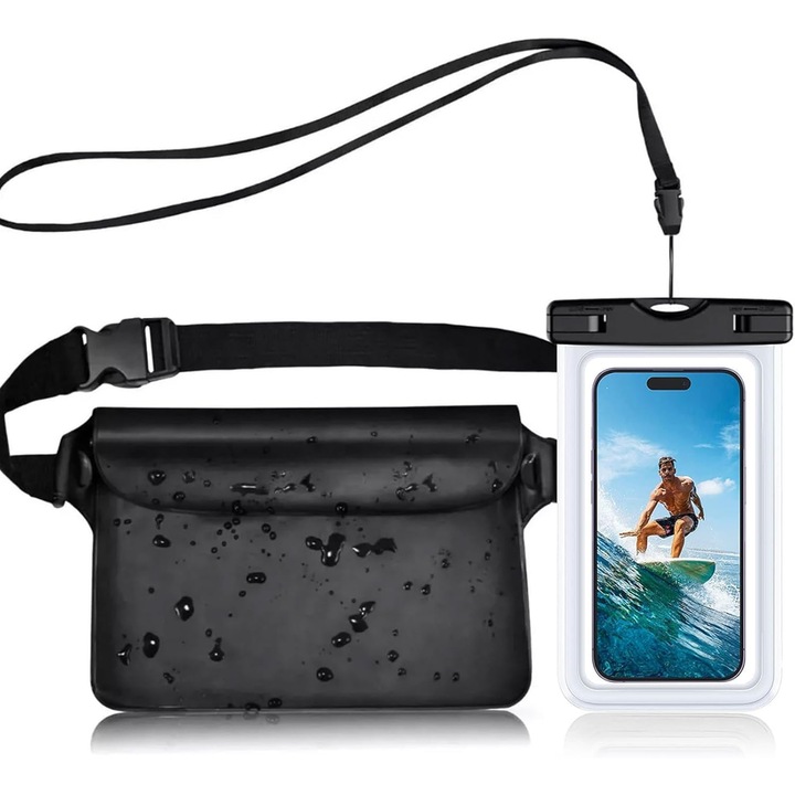 Set de 2 huse subacvatice, Husa rezistenta la apa pentru telefon de 7 inchi cu geanta impermeabila pentru talie, Submersibila pentru inot pe plaja, Plimbari cu barca, Pescuit, husa de protectie pentru telefon mobil, Negru/Transparent