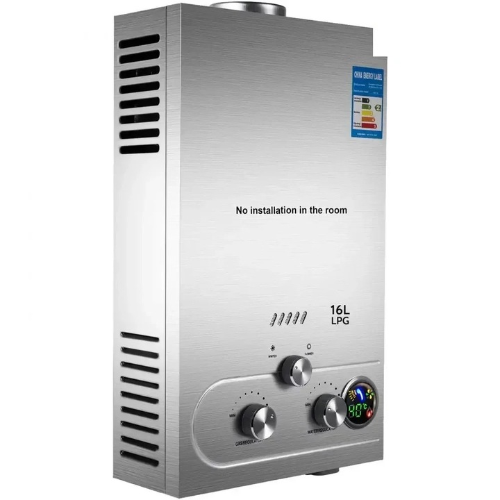 Azonnali melegvíz bojler LPG, 10L, 20KW, rozsdamentes acél, falra szerelhető, ezüst
