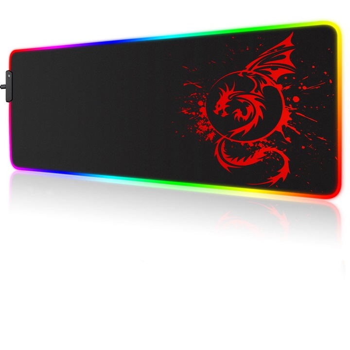Mousepad LED pentru gaming, 15 moduri de iluminare si USB, baza antiderapanta, suprafata neteda, pentru jocuri, MacBook, PC, laptop, dimensiuni 800x300x3mm, rosu