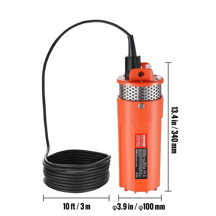 Водна помпа за фонтани VEVOR, 1.6 GPM, 70m, 12V-14.8V, соларна, неръждаема стомана, 390x390x18mm