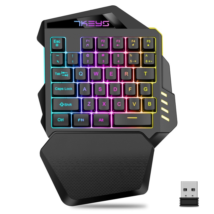 PZCC гейминг клавиатура за една ръка, 2.4G безжична връзка, RGB осветление, ергономична стойка, мултимедийни функции