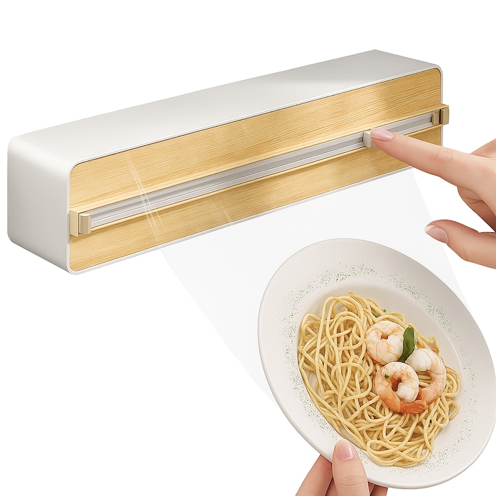 Dispenser Folie Alimentara, Magnetic, Cu Lama Glisanta Dubla, Montaj Multiplu, Design Premium, 30x10cm, Alb/Lemn
