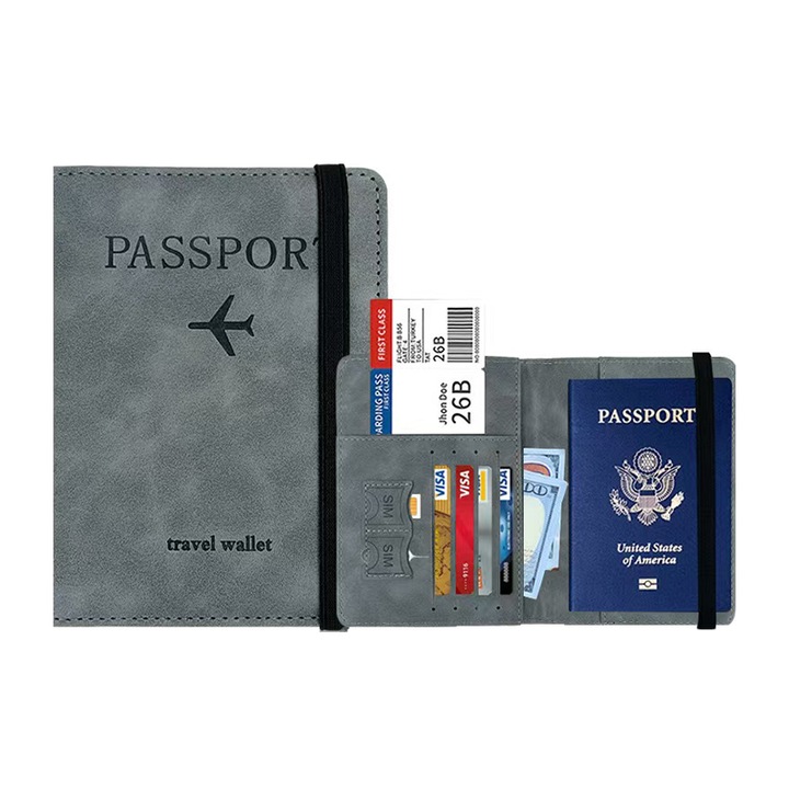 Suport pentru pasaport, cu slot pentru carduri si bilete de imbarcare, din piele sintetica, gri marin