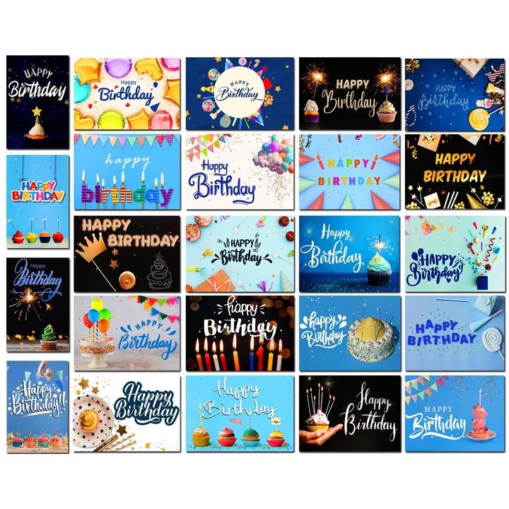 Set felicitari de ziua de nastere 24 bucati, Mczan, multicolor, 10x15cm, cu plicuri Kraft si autocolante