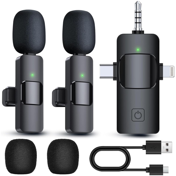 Set de 2 microfoane wireless pentru iPhone, iPad, Android, camera, 3 in 1, microfon USB-C, Microfon fara fir Lavalier, 4 capete de schimb, 7 ore autonomie, transmisie stabila pentru inregistrare video, interviuri, YouTube, TikTok, Vlog
