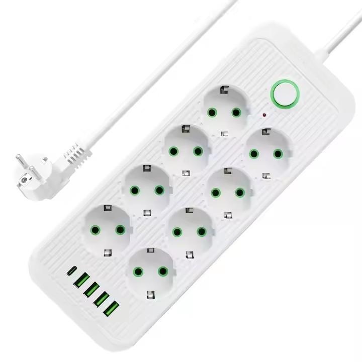 Удължител 13 в 1 с 8 изхода, 4 USB, 1 Type-C, бял, 2 м