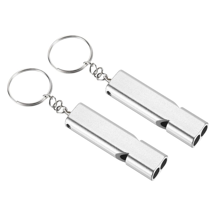 Fluier de supravietuire, set de 2 fluiere cu snur si breloc, potrivit pentru camping in aer liber, fluier sportiv, dresaj caini, argintie