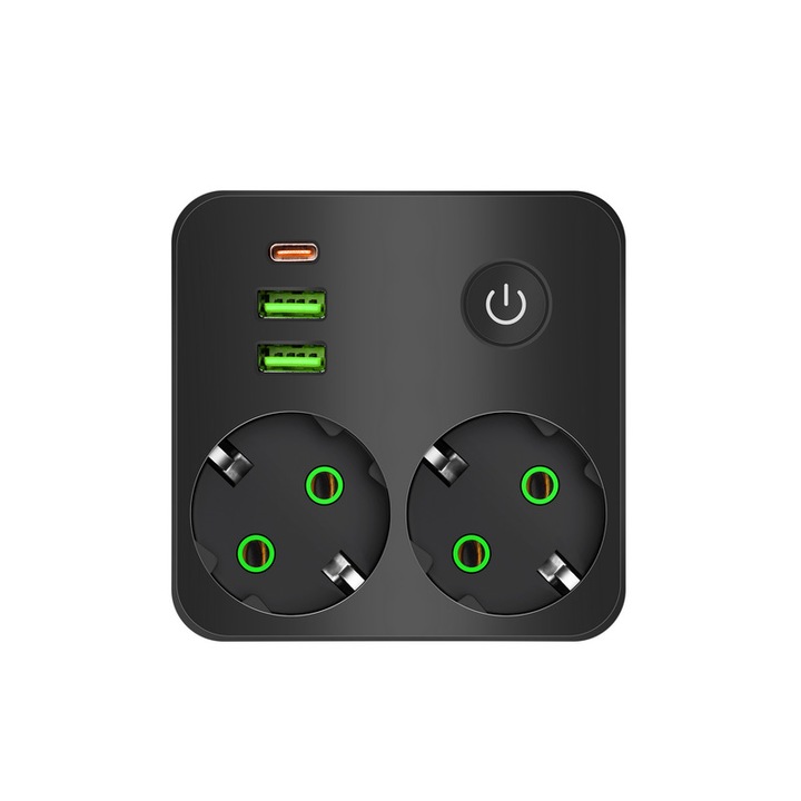 Prelungitor 5-in-1 cu 2 prize, 2 USB, 1 Type-C, 2500W, negru, 34.5x18.8x4cm
