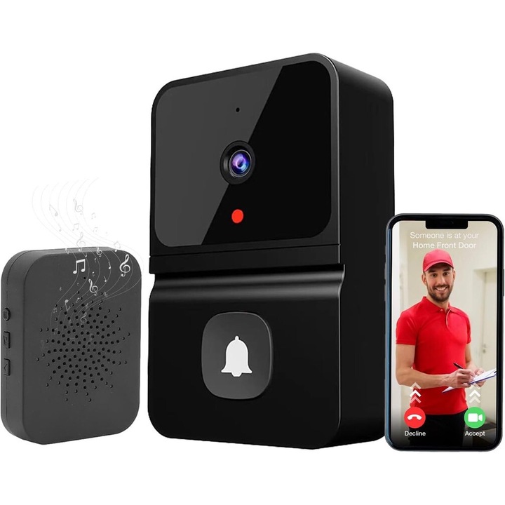 Sonerie electrica cu audio bidirectional, functie de vedere nocturna, detectie AI, alarma in timp real, neagra, IP65, wireless