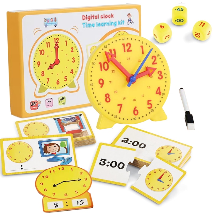 Set Educational Ceas Montessori, Invata Ceasul Analogic si Digital cu Maini Mobile, Carduri si Puzzle, Pentru Invatarea Orei, WANDAVICTA®, Jucarii pentru Copii 5+ Ani​