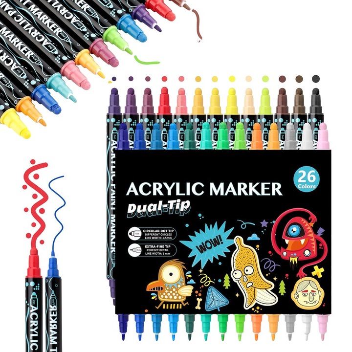 Kétvégű akril marker készlet, 26 szín, vízálló, 1-5mm, kézművesekhez