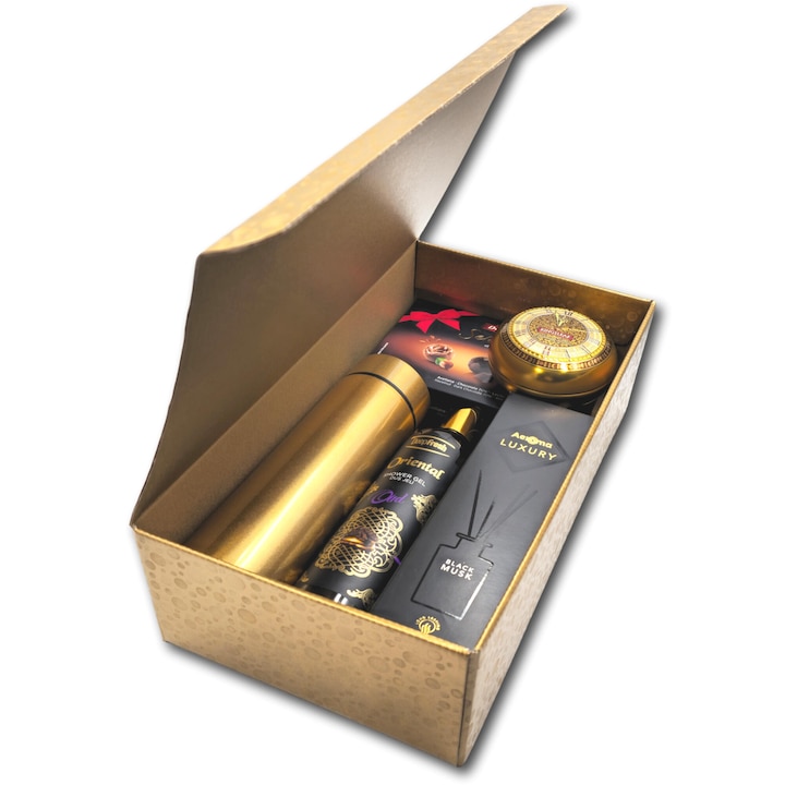 Pachet cadou elegant, CADOURI PREMIUM, model Night Breeze, cu specialitati de ciocolata Delaviuda, ceai Kingsleaf, termos cu afisare temperatura, gel de dus, parfum de camera pentru seri romantice